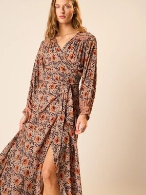 Natalie Martin Vintage Flowers Cream Maxi Kate Wrap Dress
